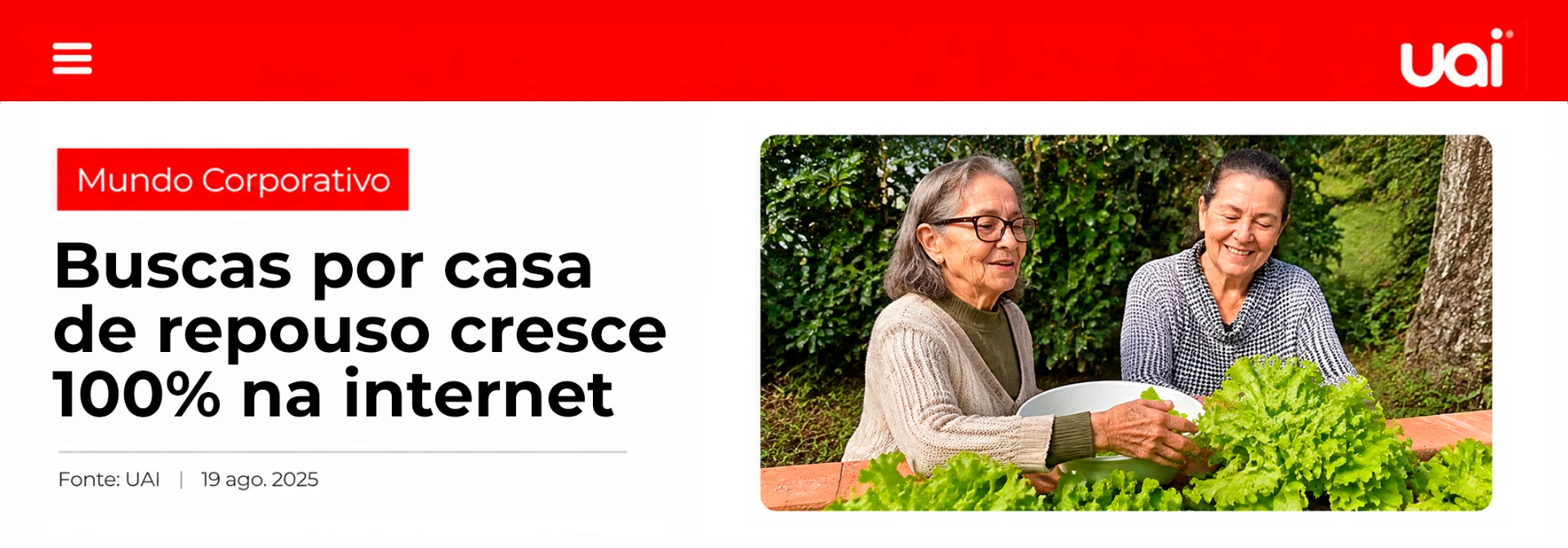 Matéria de jornal: busca por casas de repouso cresce 100% na internet, ao lado da foto de duas idosas cuidando de um jardim