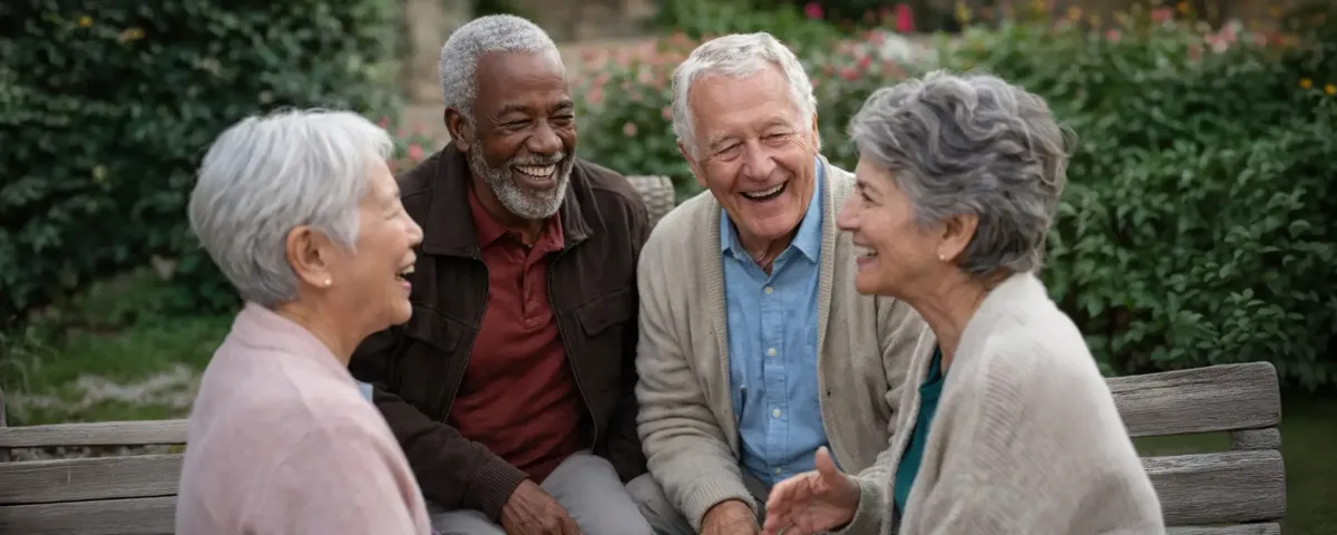 Quatro idosos sorrindo e conversando em um banco ao ar livre