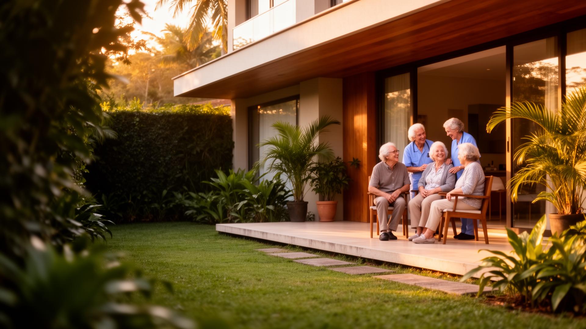 Residência VIVA — casa moderna com idosos felizes no jardim ao entardecer